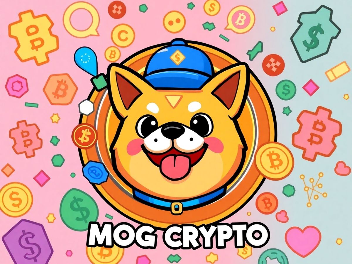 Colorful meme coin with cartoon dog and crypto symbols.