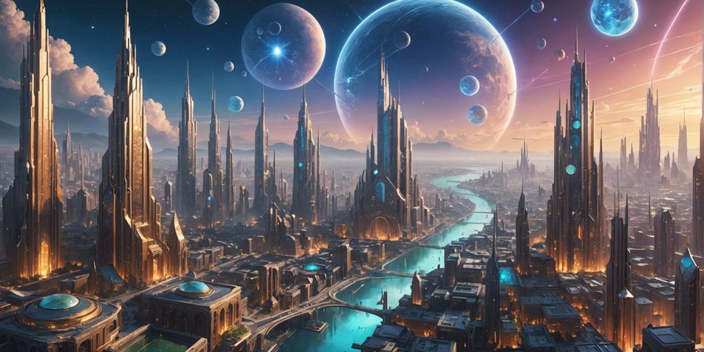 Futuristic cityscape merging digital and physical realms with blockchain, nfts, and metaverse elements.