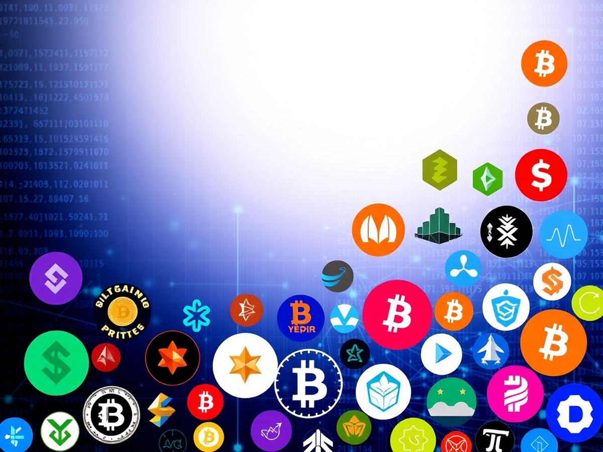 Colorful crypto logos on a digital background.