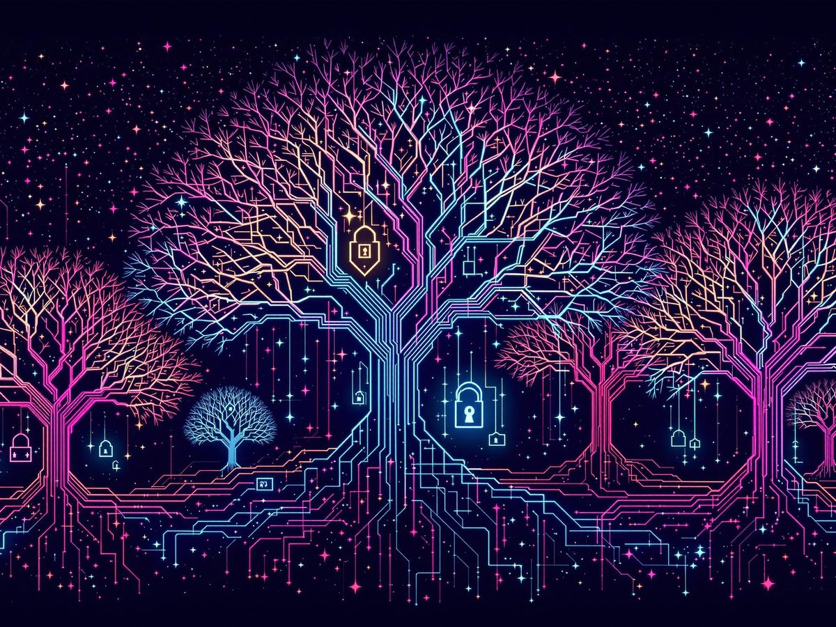 Interconnected trees with a blockchain design in vibrant colors.