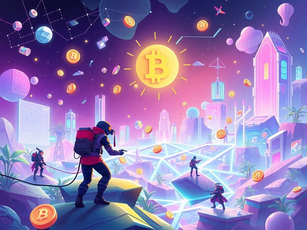 Colorful blockchain gaming scene with digital currency elements.