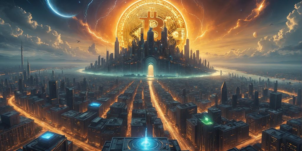 Futuristic cityscape with glowing bitcoin symbol breaking through digital barriers, signifying a groundbreaking financial event.