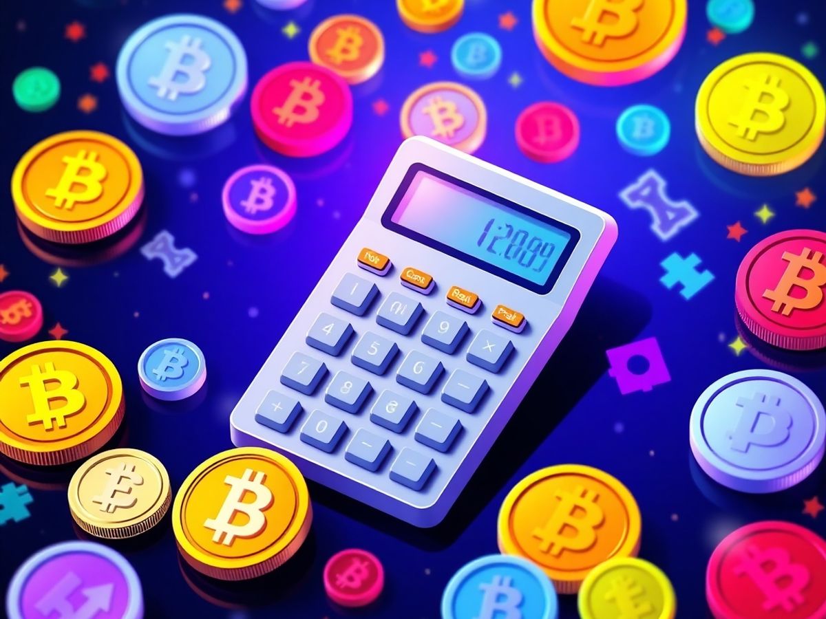 Colorful crypto coins and a calculator in a digital setting.