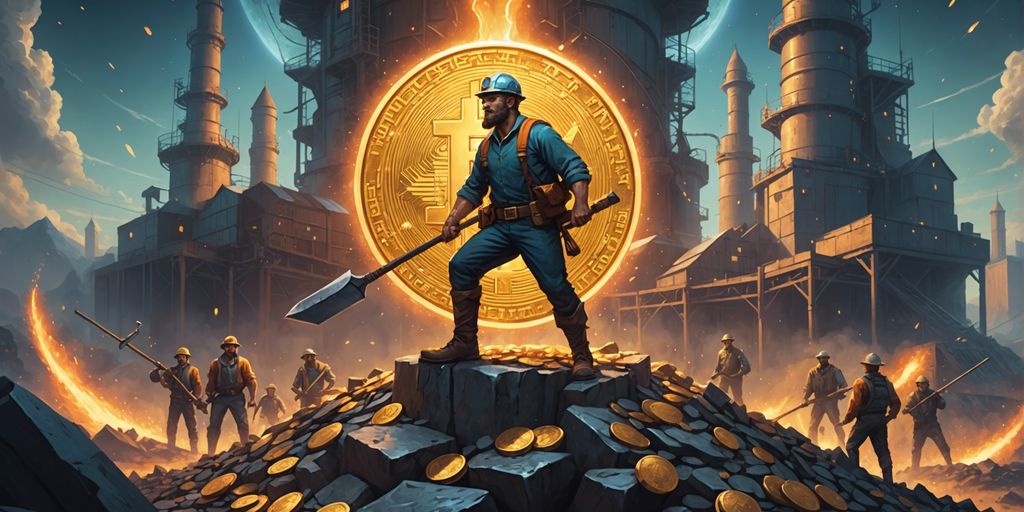 Powerful miner with pickaxe on bitcoin pile, factory in background symbolizing centralization.