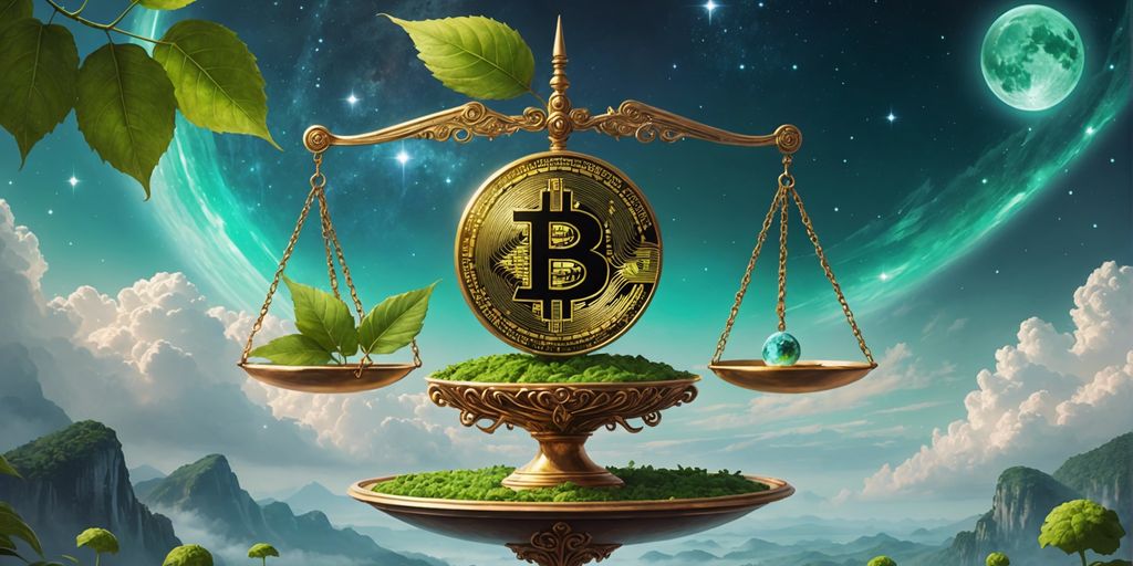 Balanced scale with bitcoin and green leaf, representing cryptocurrency supply and sustainability challenges.