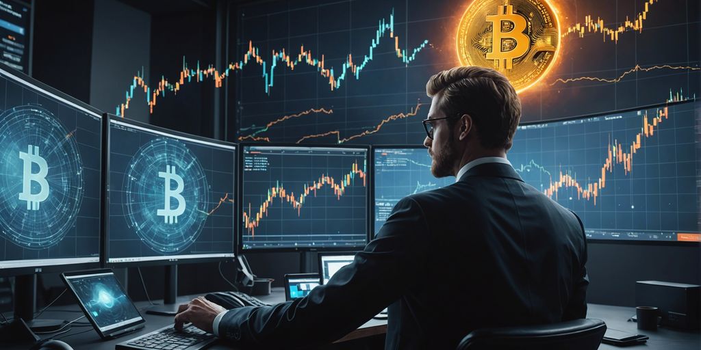 Bitcoin trader analyzing market trends with a rising graph, showing bullish sentiment despite btc price dip to $64. 3k.