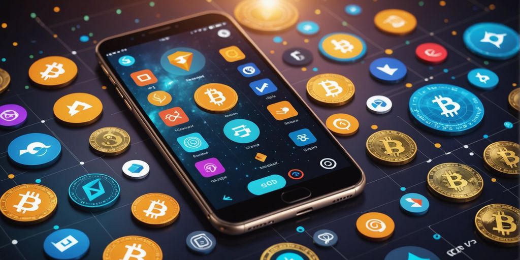 Smartphone showing crypto app icons with digital currency symbols and upward graphs in the background.