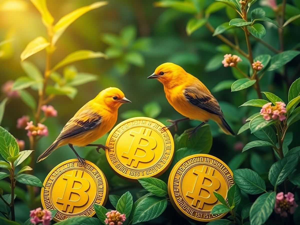 Goldfinches and digital currency symbols in a vibrant setting.