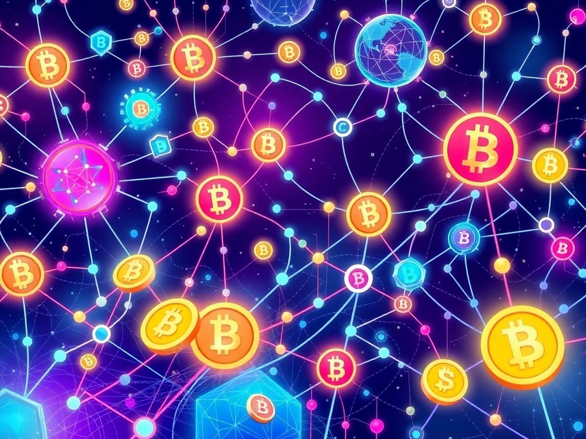 Illustration of blockchain nodes and digital currencies in vibrant colors.