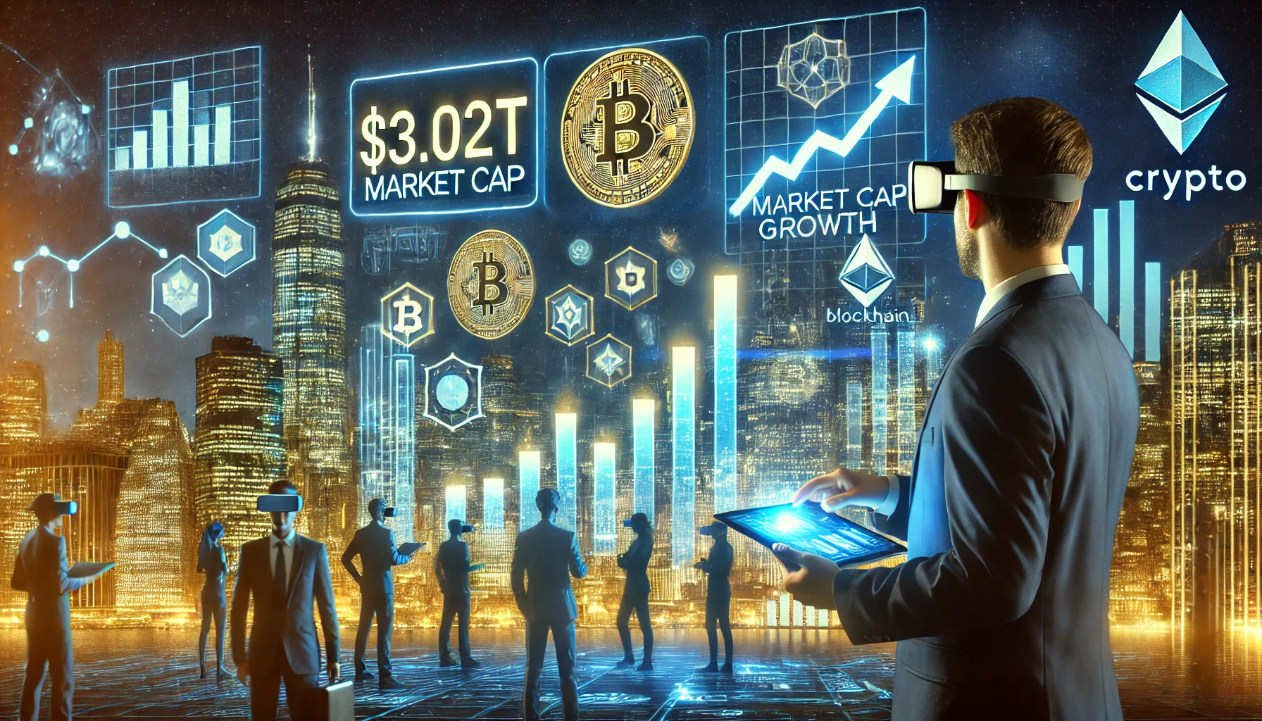 Dall·e 2025 03 05 01. 20. 02 a photorealistic futuristic digital skyline at night illuminated with neon gold and blue lights. In the foreground a crypto expert in business attir