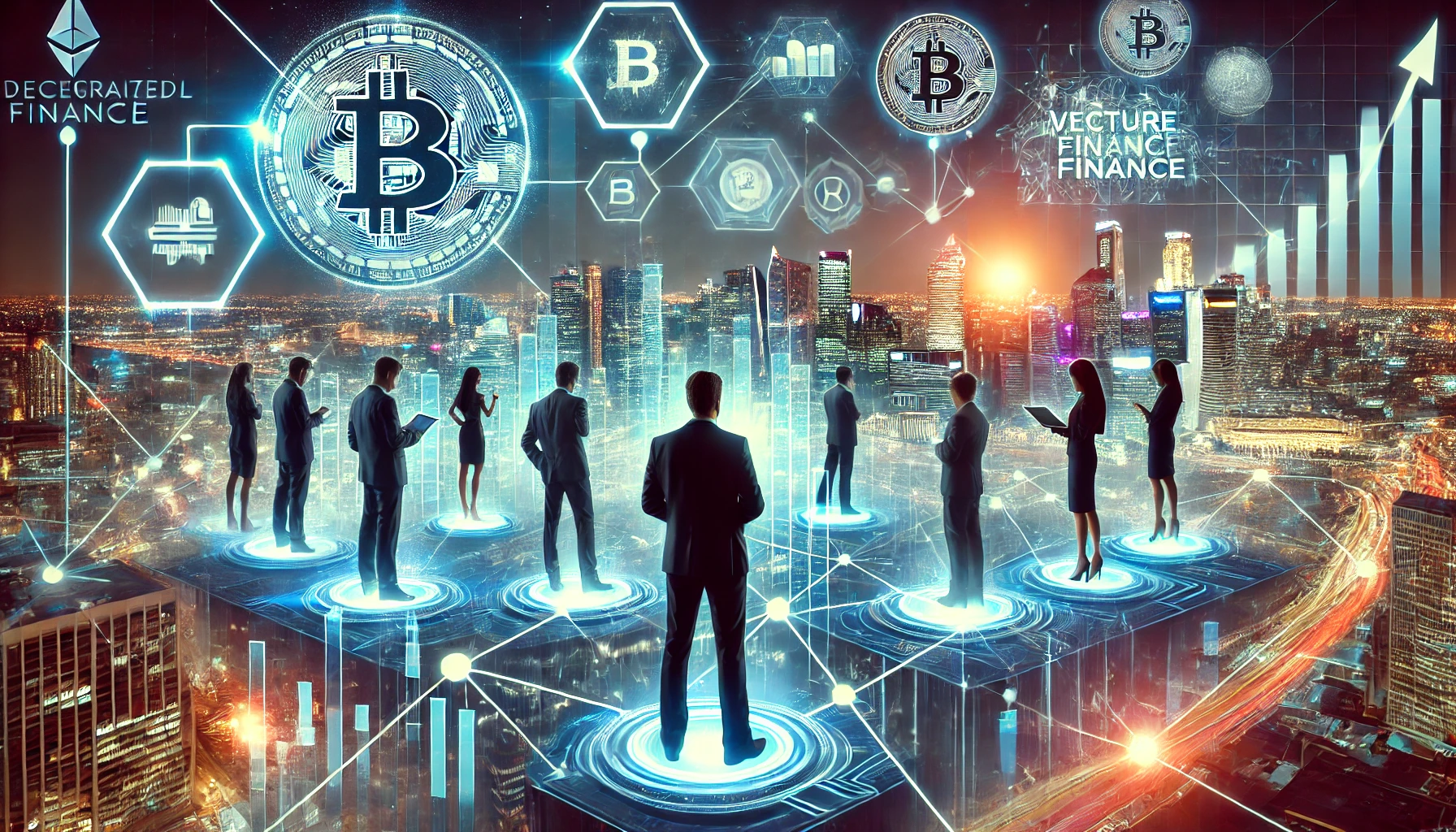 Dall·e 2025 03 25 09. 36. 13 a futuristic digital finance concept illustrating the rise of venture capital in decentralized finance defi. The image shows a high tech financial l