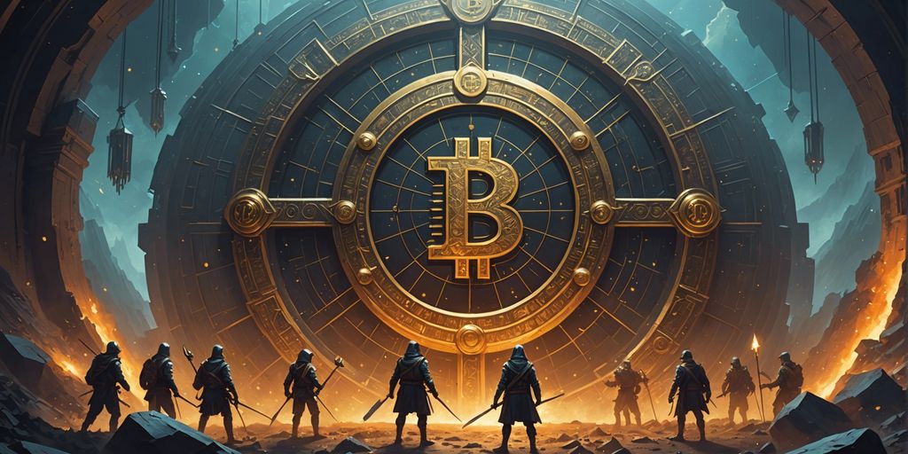 Digital vault with bitcoin symbol, surrounded by miners with pickaxes, illustrating limited bitcoin supply and miner incentives.