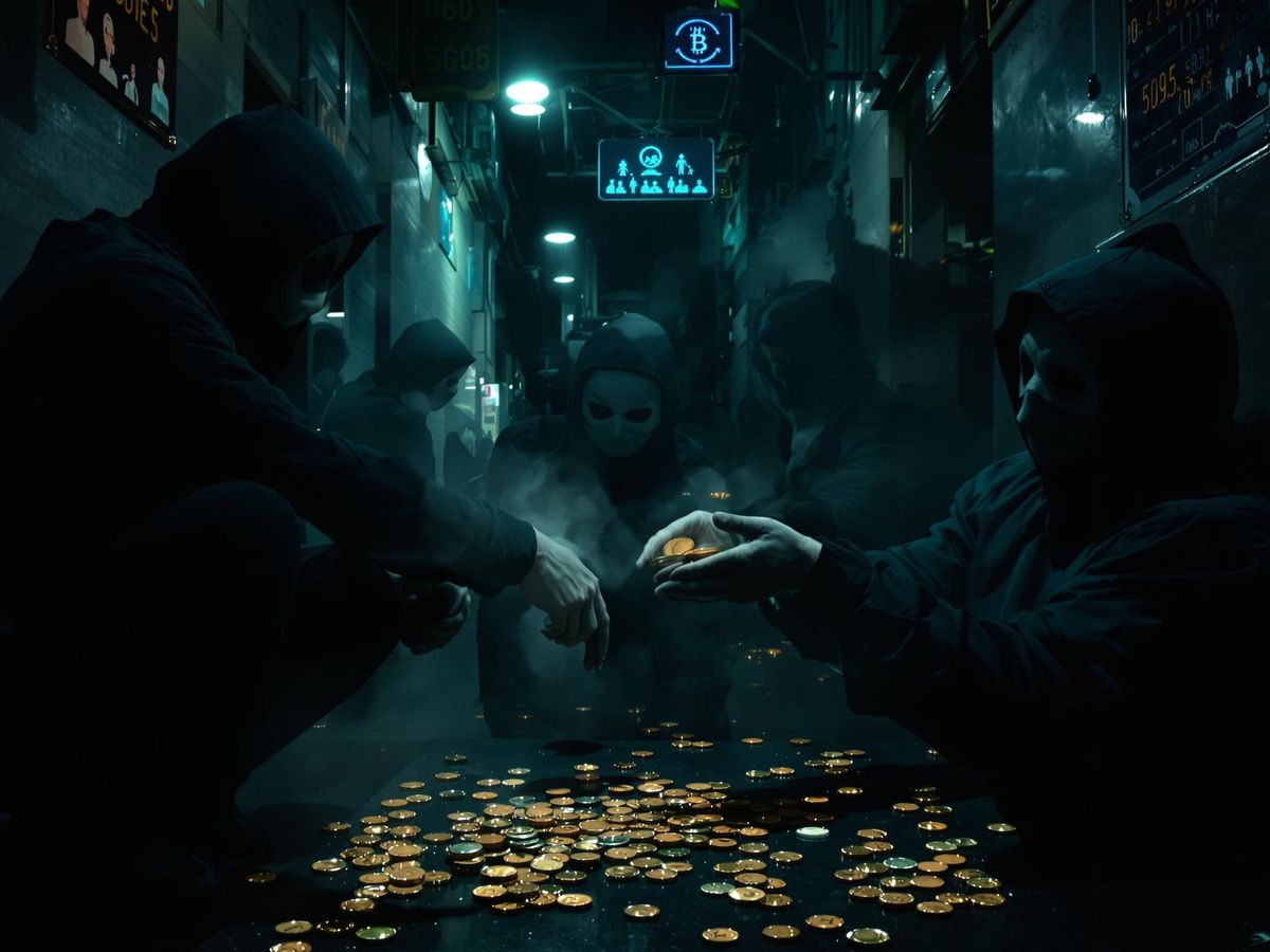 Masked figures exchanging coins in a dark alley.
