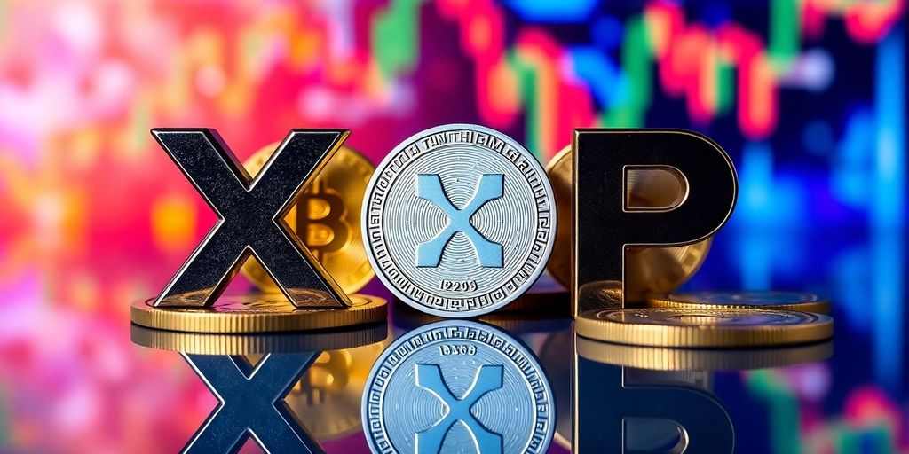 Xrp coins on a reflective surface with soft lighting.