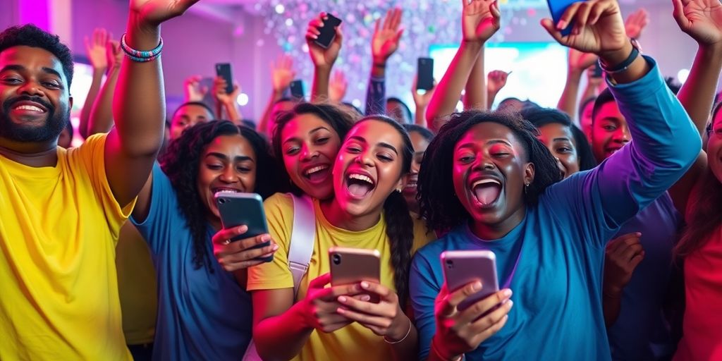 People excitedly using smartphones to participate in an airdrop.