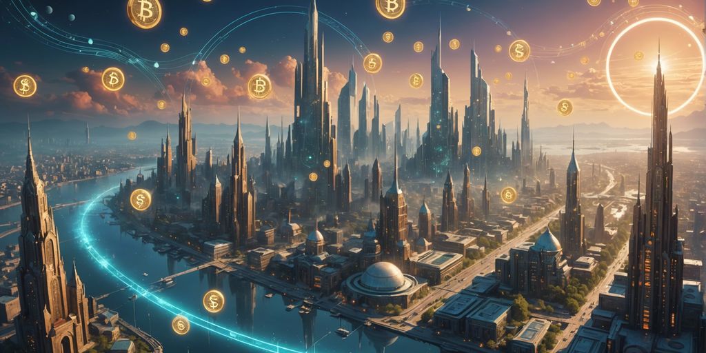 Futuristic cityscape with digital currency symbols, illustrating web3 salary predictions for 2024.