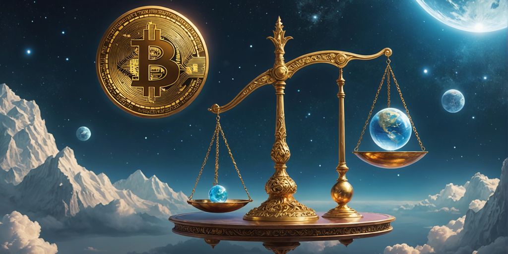 Balance scale with bitcoin and globe, representing bitcoin's environmental impact.