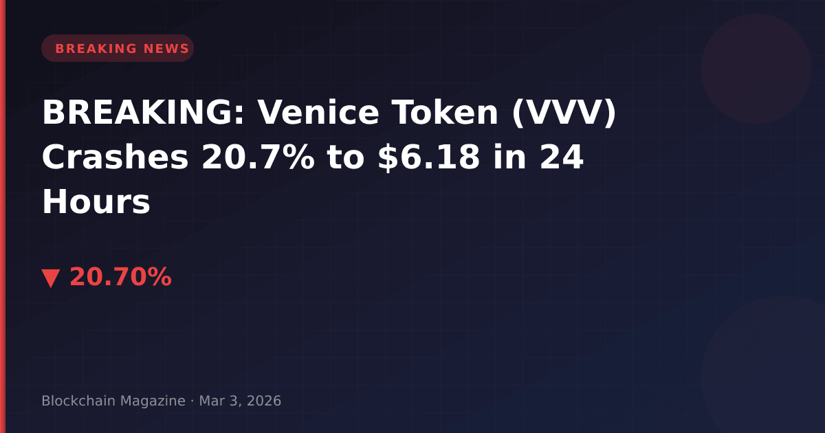Breaking: venice token (vvv) crashes 20. 7% to $6. 18 in 24 hours