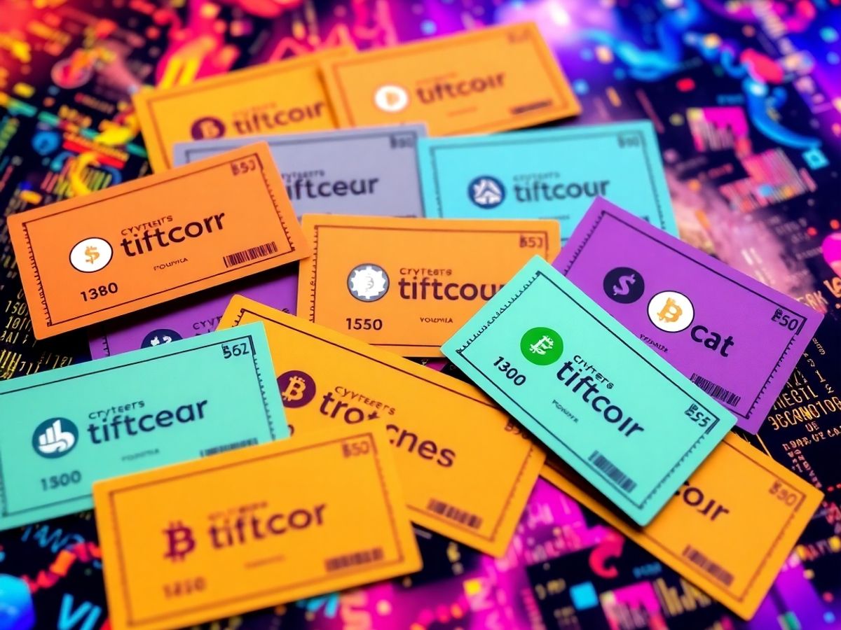 Colorful crypto vouchers on a digital background.