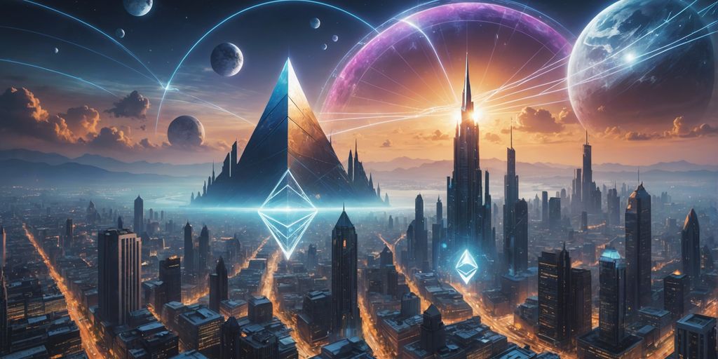 Ethereum logos and stock market graphs overlay on a futuristic cityscape, representing ethereum etf's market impact.