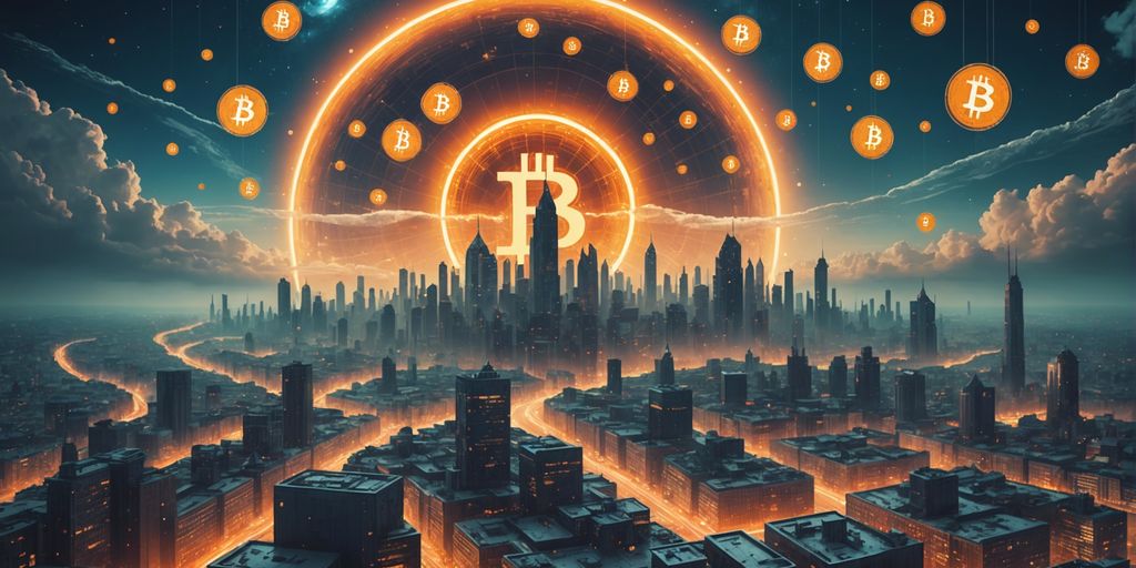 Futuristic city with floating bitcoin symbols, illustrating future bitcoin scarcity in 2140.